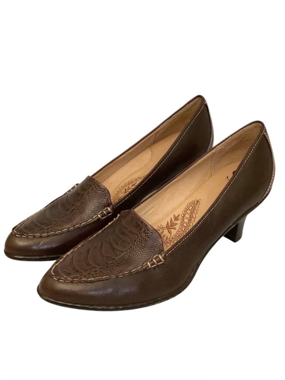 Sofft 9 Leather Women's Heels Pumps Shoes Block Heels Brown Snakeskin Print
